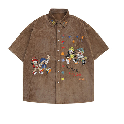 RILVA Tide Brand Cartoon Embroidered Corduroy Shirt in retro neutral color, featuring a back view and soft texture.