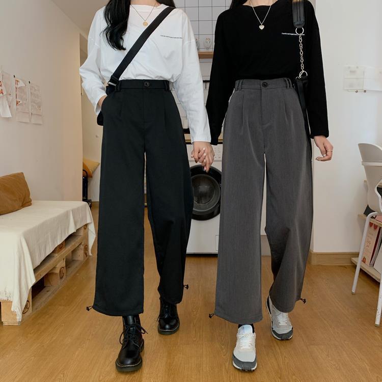 RILVA High Waist Loose Straight Leg Wide Leg Trousers in black and grey worn by models, showcasing modern style and comfort.